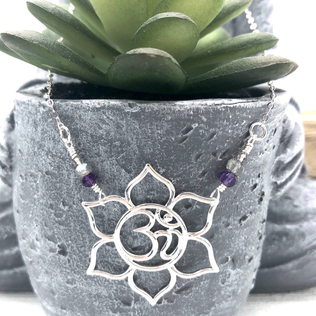 Lotus/Ohm Pendant Necklace - Amethyst, Labradorite & Smoky Quartz