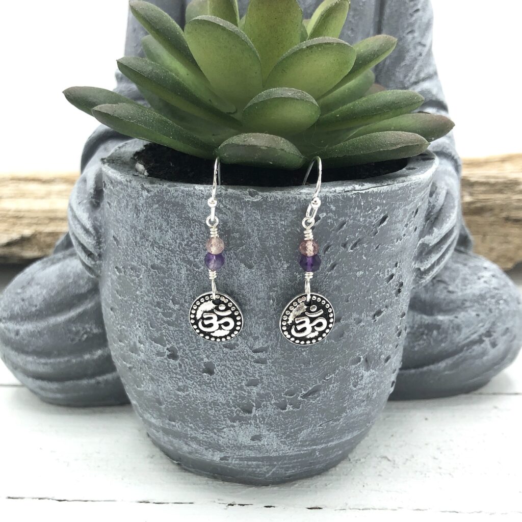 Ohm Earrings - Amethyst & Pink Tourmaline with Sterling Silver Ear Wires